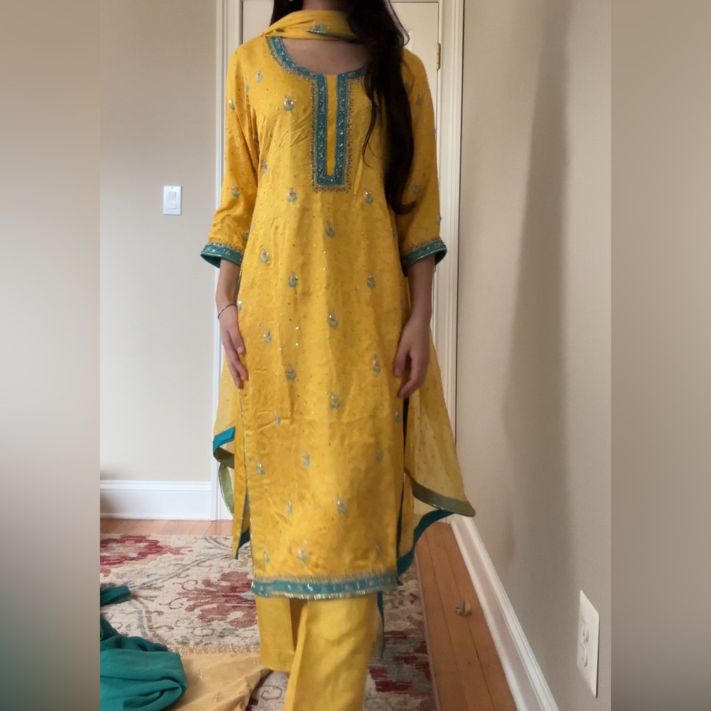 Yellow and Teal Embroidered Shalwar Kameez